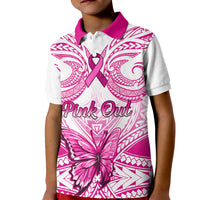 Personalised Pink Out Kid Polo Shirt Breast Cancer Awareness Polynesian Pattern White Version - Wonder Print Shop