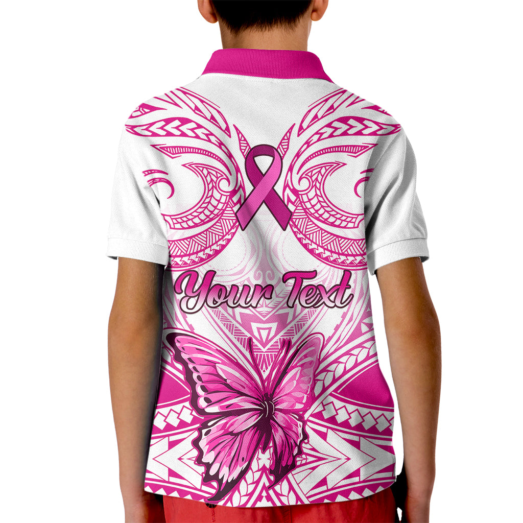 Personalised Pink Out Kid Polo Shirt Breast Cancer Awareness Polynesian Pattern White Version - Wonder Print Shop