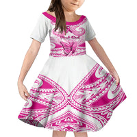Personalised Pink Out Kid Short Sleeve Dress Breast Cancer Awareness Polynesian Pattern White Version - Wonder Print Shop