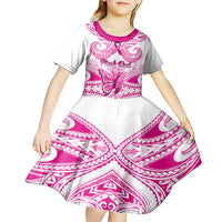 Personalised Pink Out Kid Short Sleeve Dress Breast Cancer Awareness Polynesian Pattern White Version - Wonder Print Shop