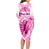 Personalised Pink Out Long Sleeve Bodycon Dress Breast Cancer Awareness Polynesian Pattern White Version - Wonder Print Shop