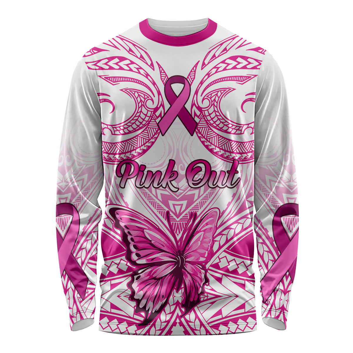 Personalised Pink Out Long Sleeve Shirt Breast Cancer Awareness Polynesian Pattern White Version - Wonder Print Shop