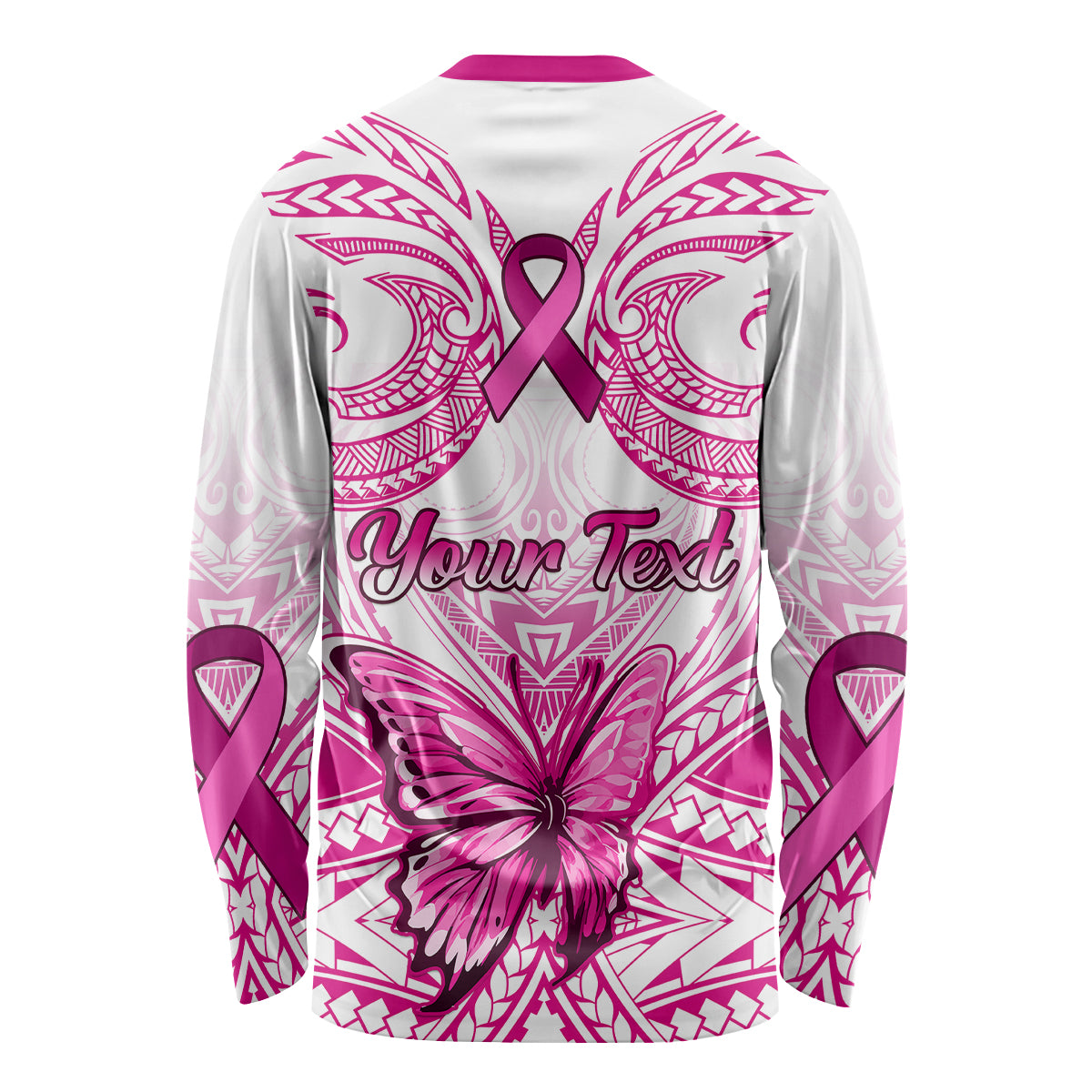 Personalised Pink Out Long Sleeve Shirt Breast Cancer Awareness Polynesian Pattern White Version - Wonder Print Shop