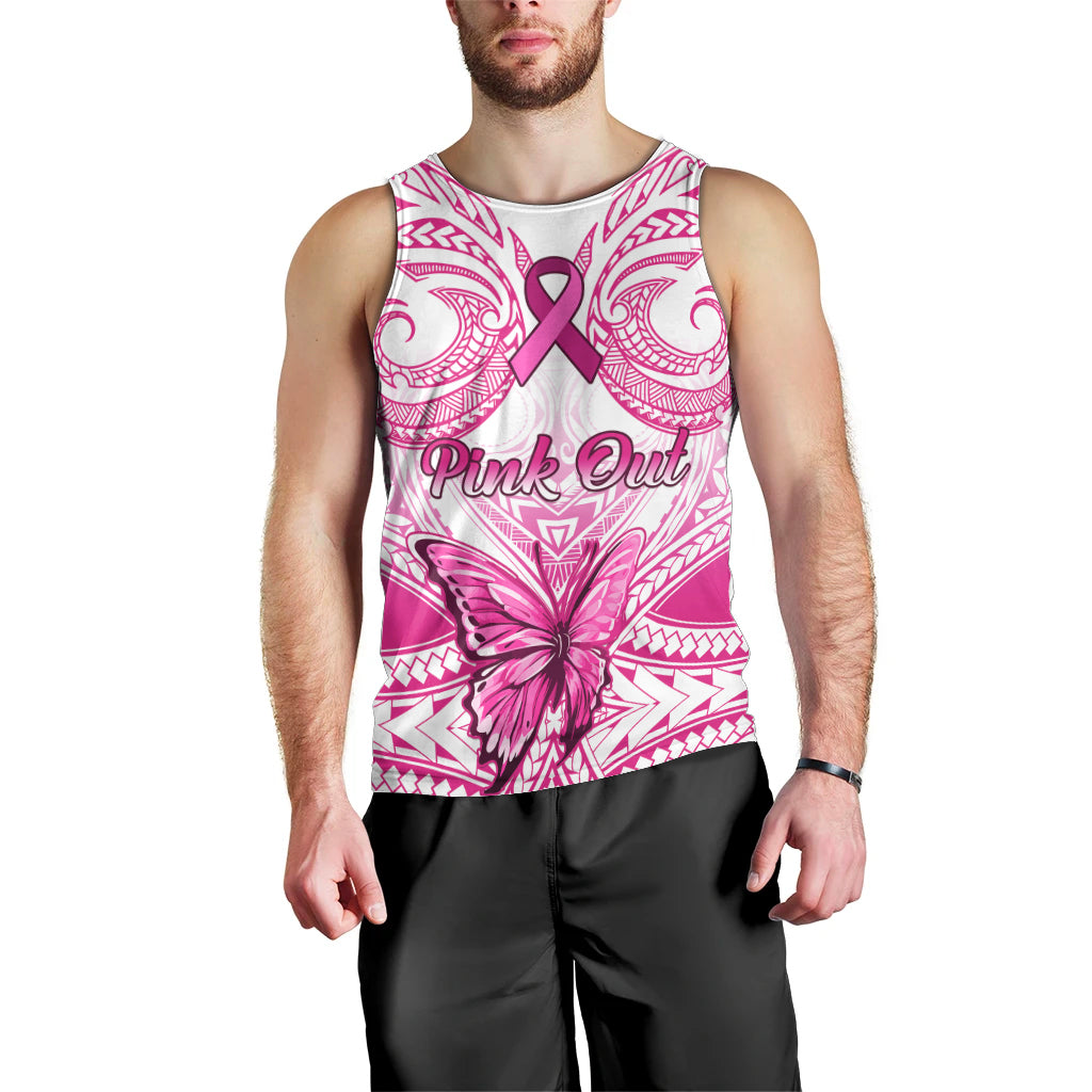 Personalised Pink Out Men Tank Top Breast Cancer Awareness Polynesian Pattern White Version - Wonder Print Shop
