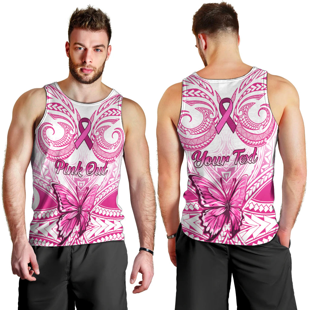 Personalised Pink Out Men Tank Top Breast Cancer Awareness Polynesian Pattern White Version - Wonder Print Shop
