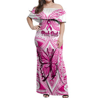 Personalised Pink Out Off Shoulder Maxi Dress Breast Cancer Awareness Polynesian Pattern White Version - Wonder Print Shop