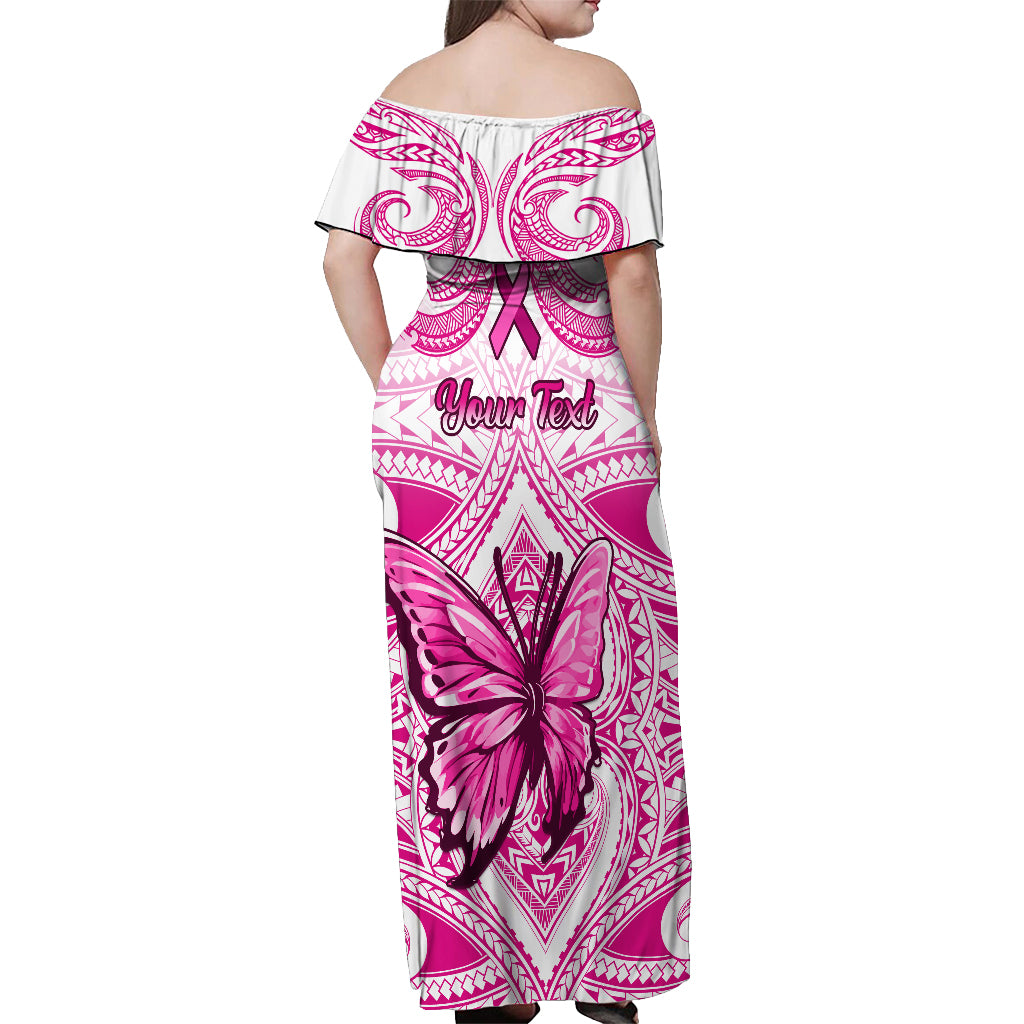Personalised Pink Out Off Shoulder Maxi Dress Breast Cancer Awareness Polynesian Pattern White Version - Wonder Print Shop