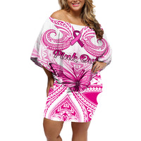 Personalised Pink Out Off Shoulder Short Dress Breast Cancer Awareness Polynesian Pattern White Version - Wonder Print Shop