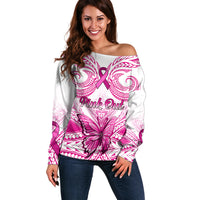 Personalised Pink Out Off Shoulder Sweater Breast Cancer Awareness Polynesian Pattern White Version - Wonder Print Shop