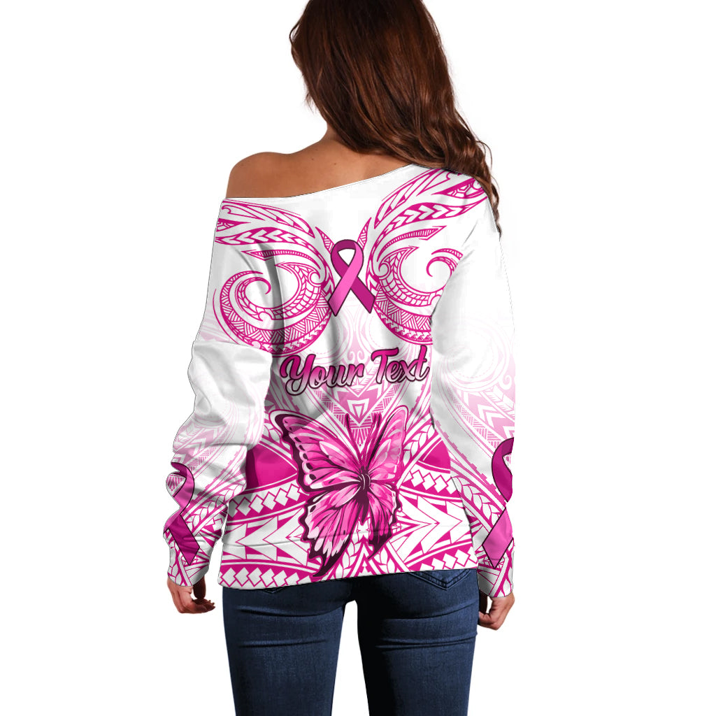 Personalised Pink Out Off Shoulder Sweater Breast Cancer Awareness Polynesian Pattern White Version - Wonder Print Shop