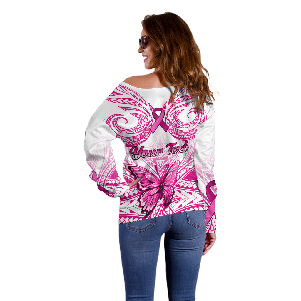 Personalised Pink Out Off Shoulder Sweater Breast Cancer Awareness Polynesian Pattern White Version - Wonder Print Shop