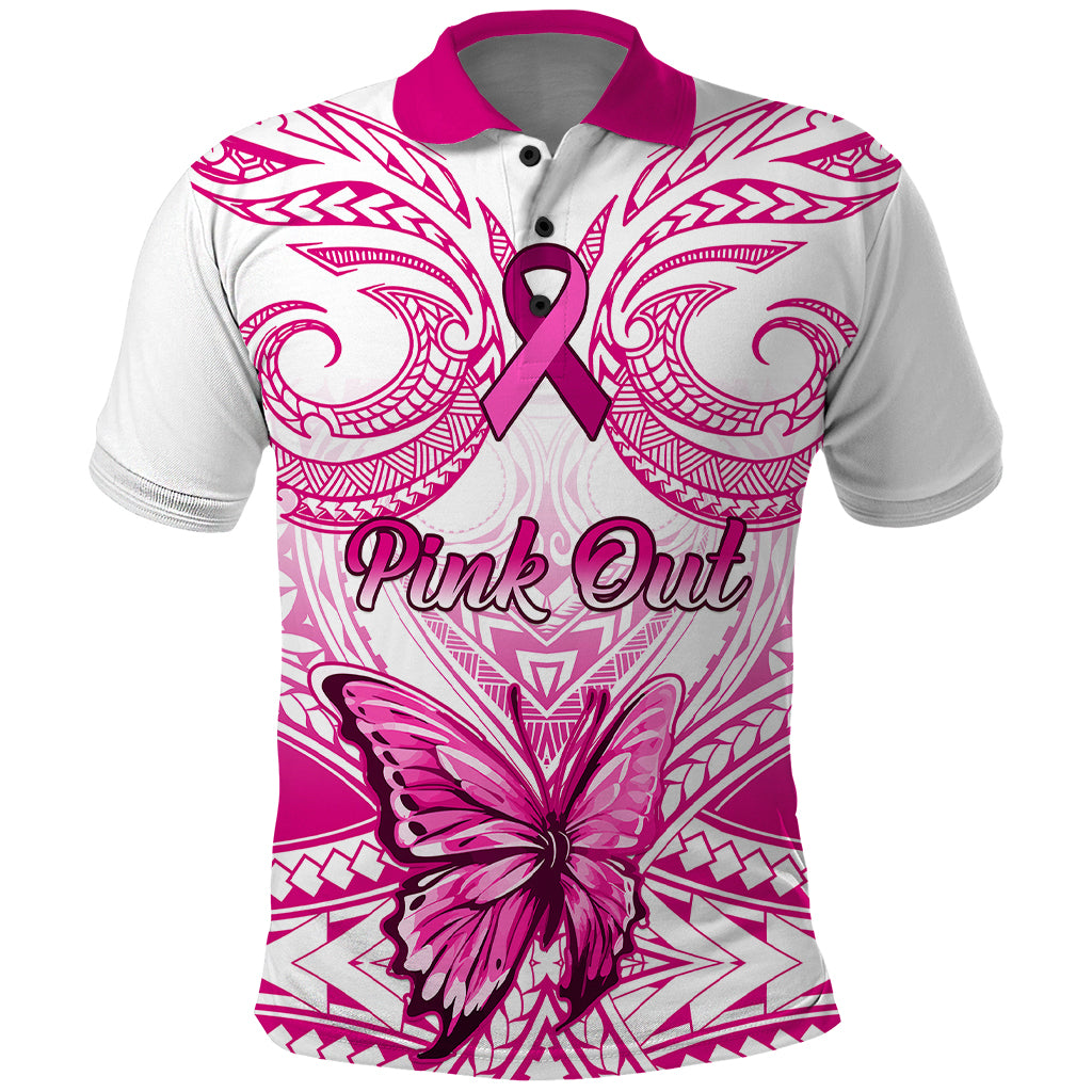Personalised Pink Out Polo Shirt Breast Cancer Awareness Polynesian Pattern White Version - Wonder Print Shop