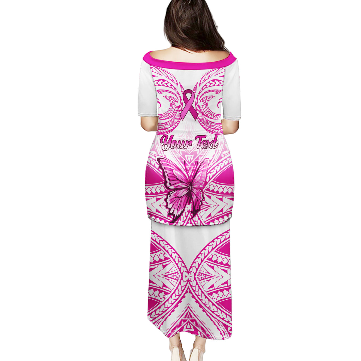 Personalised Pink Out Puletasi Breast Cancer Awareness Polynesian Pattern White Version - Wonder Print Shop