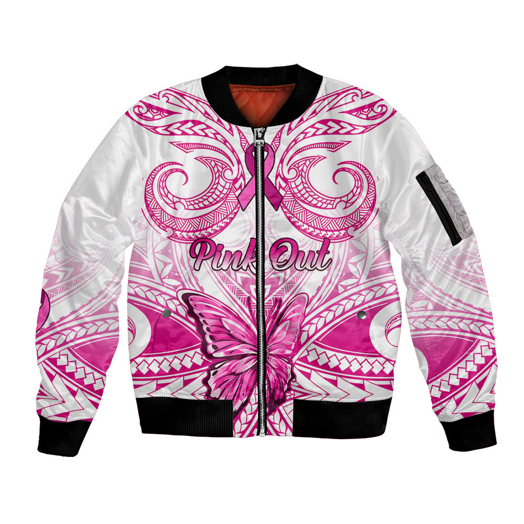 Personalised Pink Out Sleeve Zip Bomber Jacket Breast Cancer Awareness Polynesian Pattern White Version - Wonder Print Shop