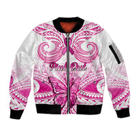 Personalised Pink Out Sleeve Zip Bomber Jacket Breast Cancer Awareness Polynesian Pattern White Version - Wonder Print Shop