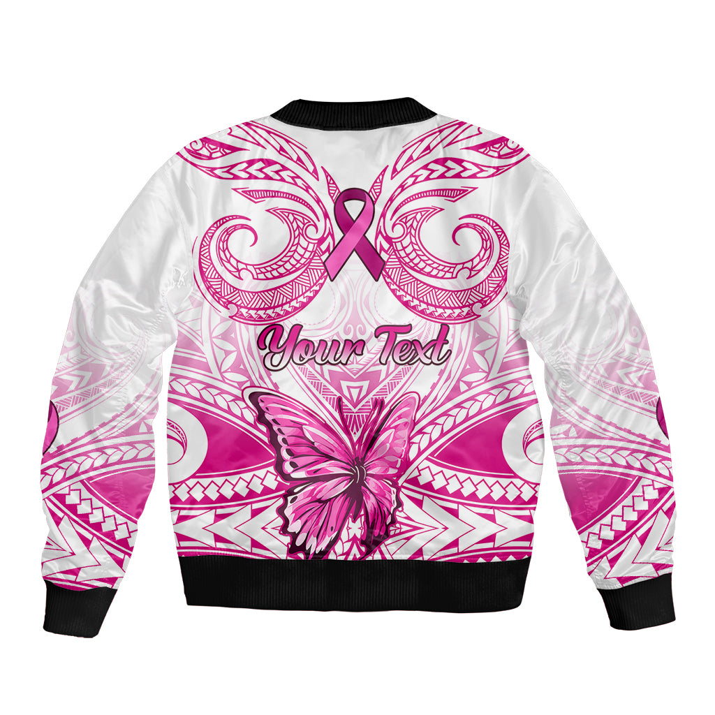 Personalised Pink Out Sleeve Zip Bomber Jacket Breast Cancer Awareness Polynesian Pattern White Version - Wonder Print Shop