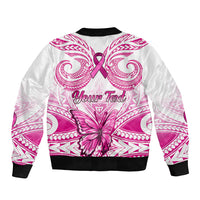 Personalised Pink Out Sleeve Zip Bomber Jacket Breast Cancer Awareness Polynesian Pattern White Version - Wonder Print Shop