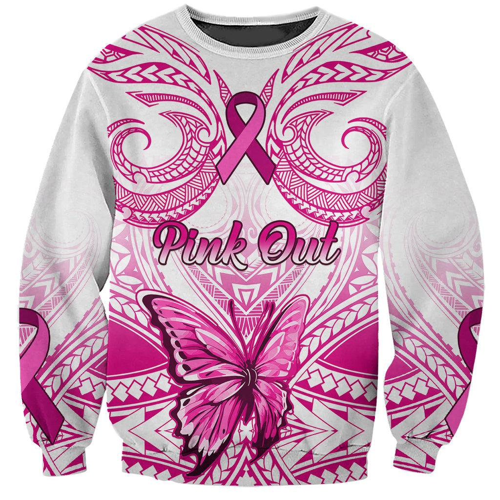 Personalised Pink Out Sweatshirt Breast Cancer Awareness Polynesian Pattern White Version - Wonder Print Shop