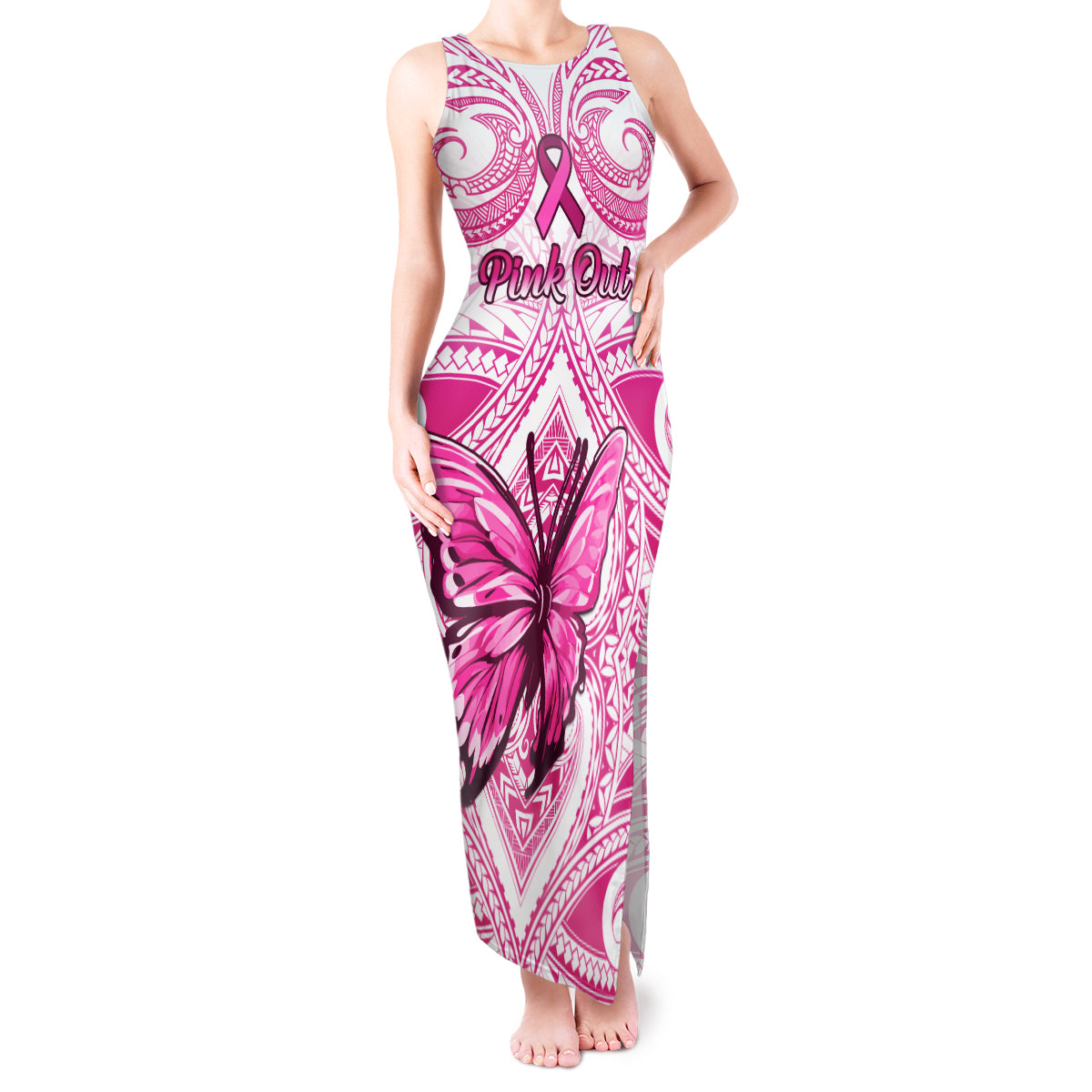 Personalised Pink Out Tank Maxi Dress Breast Cancer Awareness Polynesian Pattern White Version - Wonder Print Shop