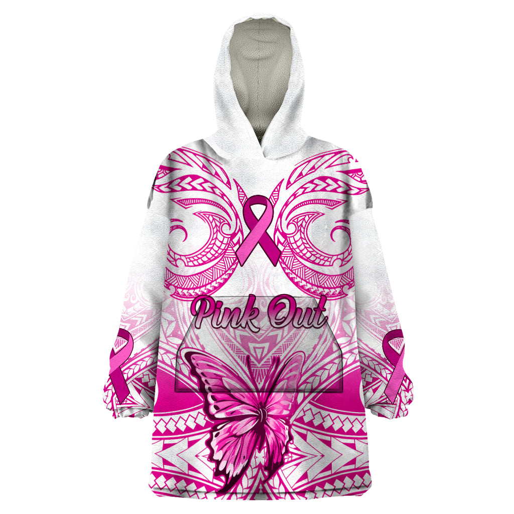 Personalised Pink Out Wearable Blanket Hoodie Breast Cancer Awareness Polynesian Pattern White Version - Wonder Print Shop