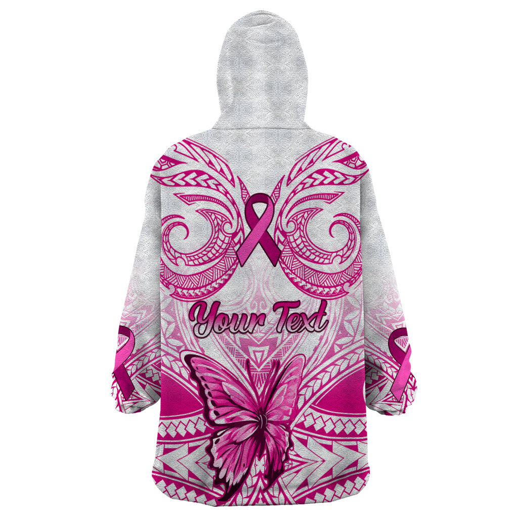 Personalised Pink Out Wearable Blanket Hoodie Breast Cancer Awareness Polynesian Pattern White Version - Wonder Print Shop