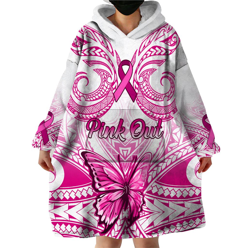 Personalised Pink Out Wearable Blanket Hoodie Breast Cancer Awareness Polynesian Pattern White Version - Wonder Print Shop