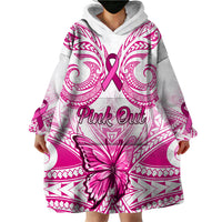 Personalised Pink Out Wearable Blanket Hoodie Breast Cancer Awareness Polynesian Pattern White Version - Wonder Print Shop