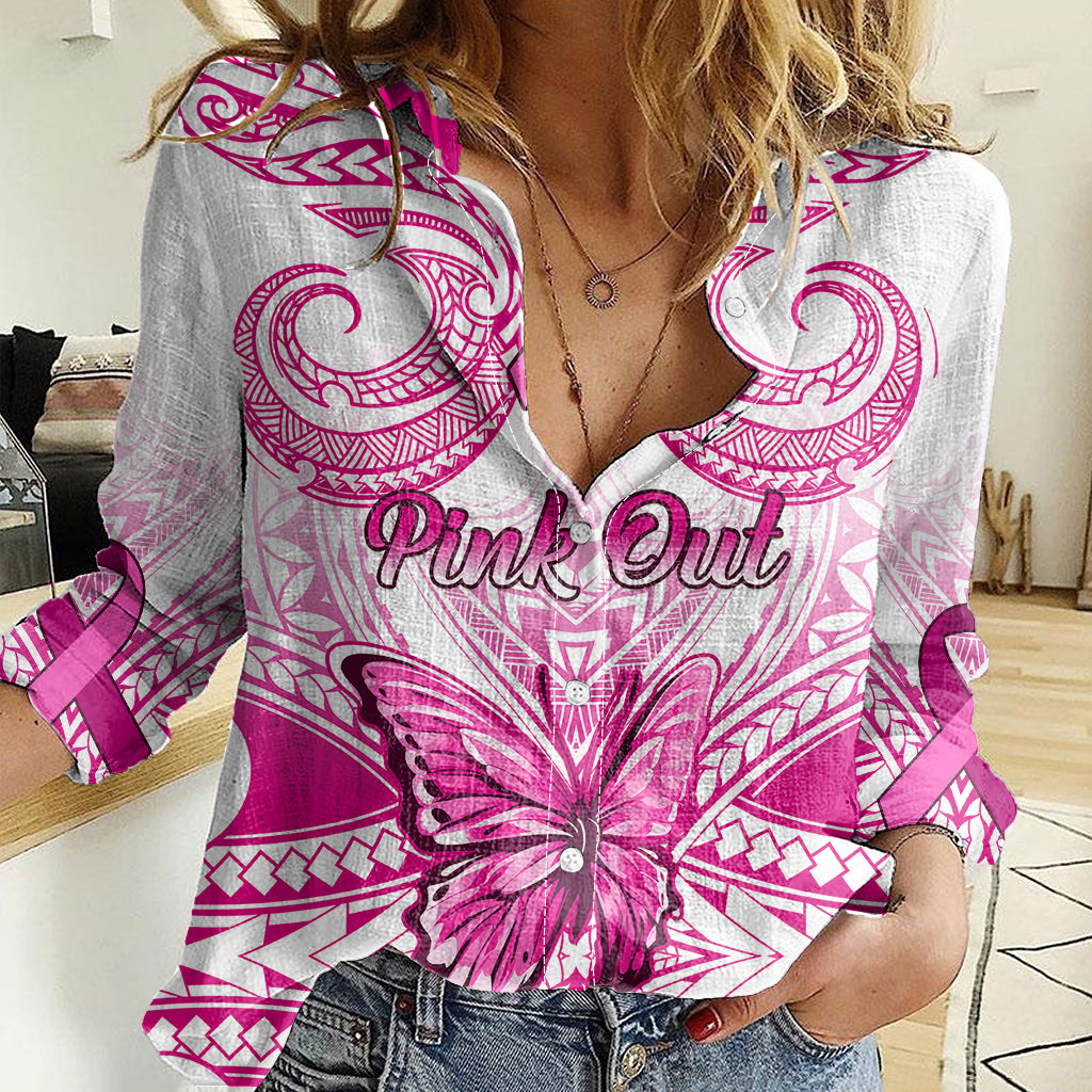 Personalised Pink Out Women Casual Shirt Breast Cancer Awareness Polynesian Pattern White Version - Wonder Print Shop