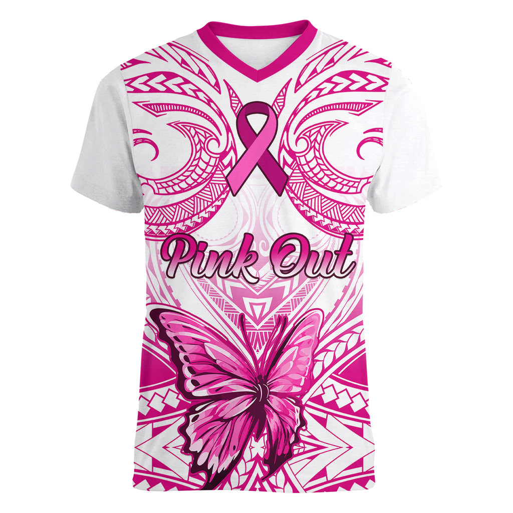 Personalised Pink Out Women V Neck T Shirt Breast Cancer Awareness Polynesian Pattern White Version - Wonder Print Shop