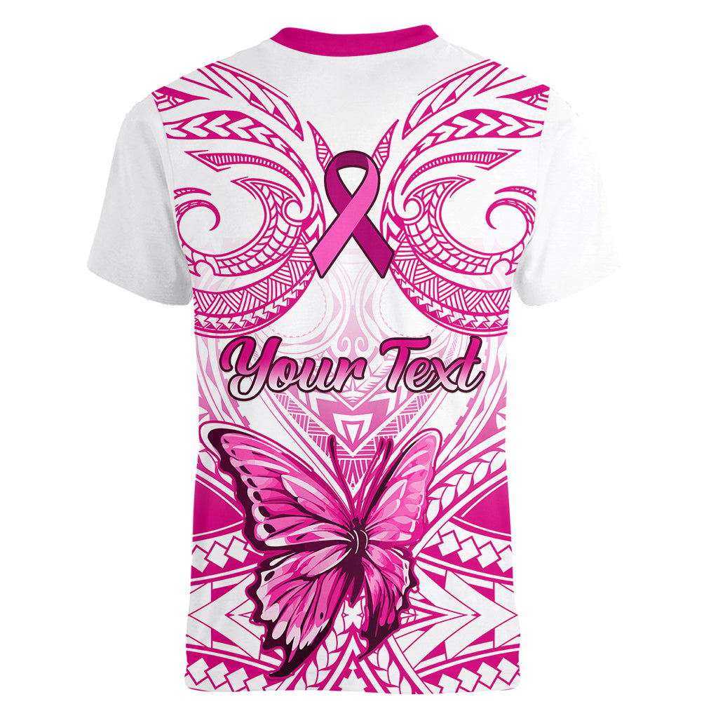 Personalised Pink Out Women V Neck T Shirt Breast Cancer Awareness Polynesian Pattern White Version - Wonder Print Shop