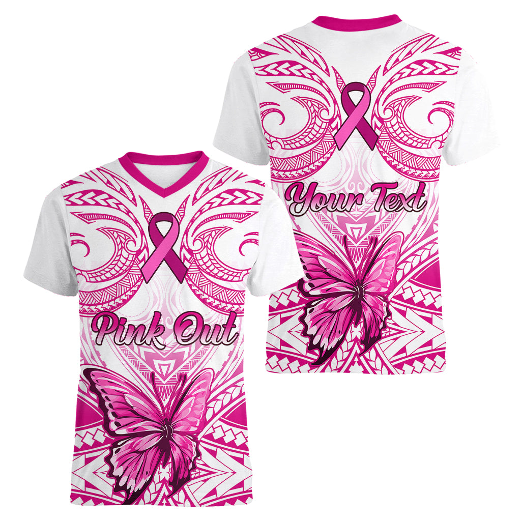 Personalised Pink Out Women V Neck T Shirt Breast Cancer Awareness Polynesian Pattern White Version - Wonder Print Shop