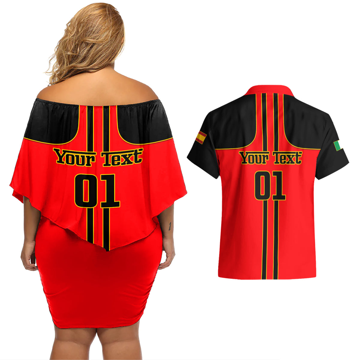 Personalised Carlos Sainz 55 Couples Matching Off Shoulder Short Dress and Hawaiian Shirt 2023 Singapore GP - Wonder Print Shop