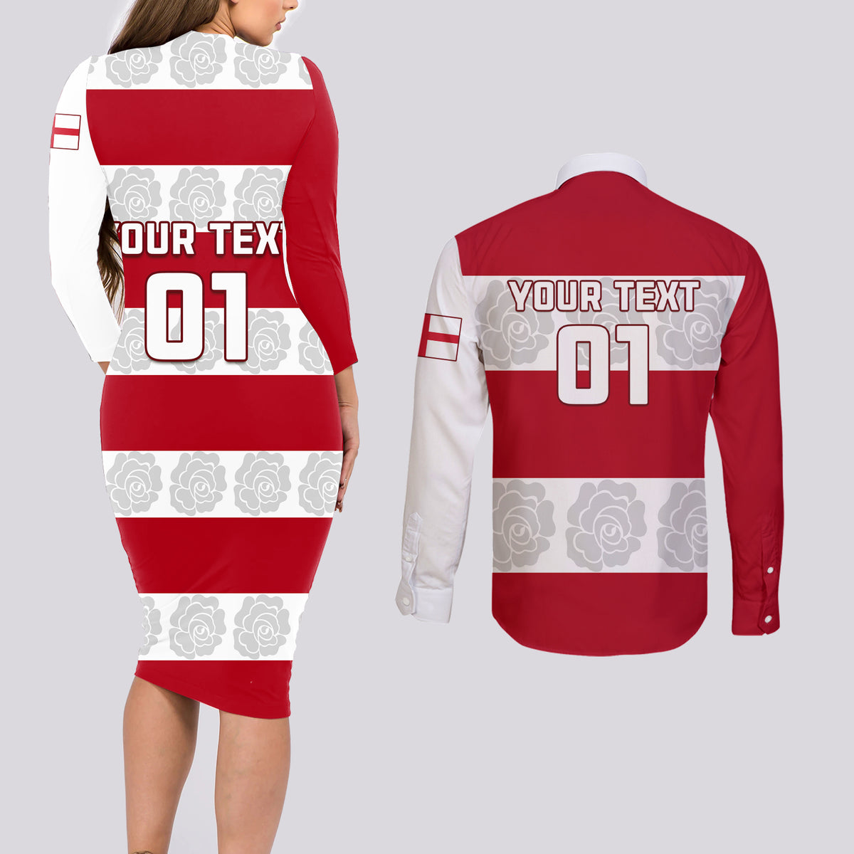 Custom England Rugby Couples Matching Long Sleeve Bodycon Dress and Long Sleeve Button Shirt The Red Rose Champion World Cup 2023 - Wonder Print Shop