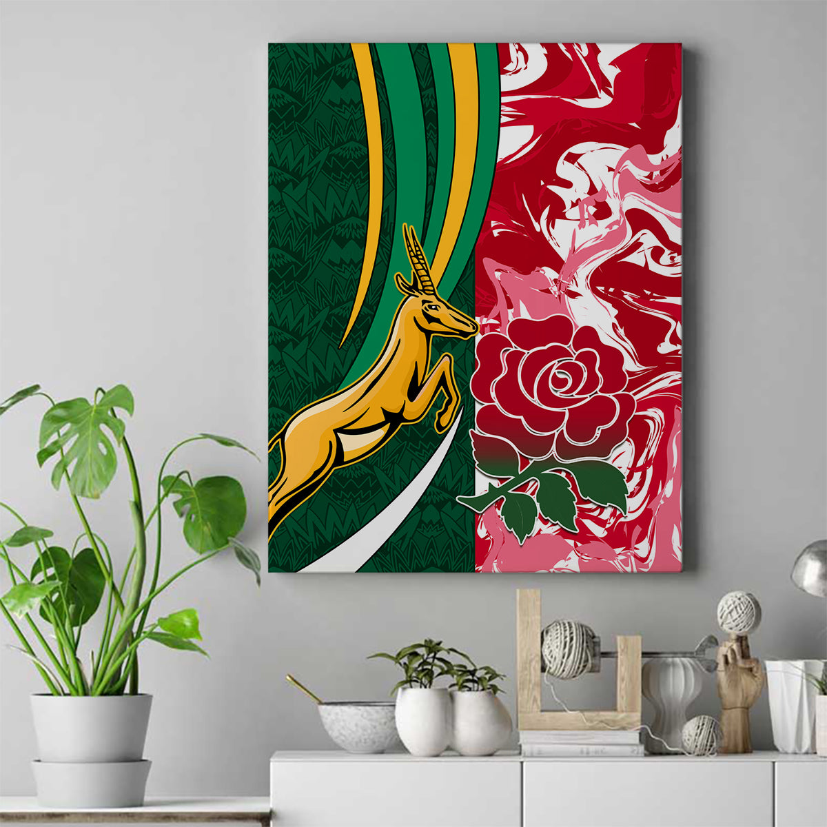 Custom South Africa and England Rugby Canvas Wall Art The Red Rose Protea Pattern - Wonder Print Shop