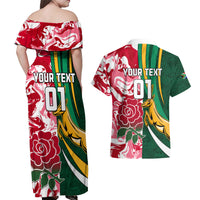 Custom South Africa and England Rugby Couples Matching Off Shoulder Maxi Dress and Hawaiian Shirt The Red Rose Protea Pattern - Wonder Print Shop