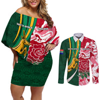 Custom South Africa and England Rugby Couples Matching Off Shoulder Short Dress and Long Sleeve Button Shirt The Red Rose Protea Pattern - Wonder Print Shop