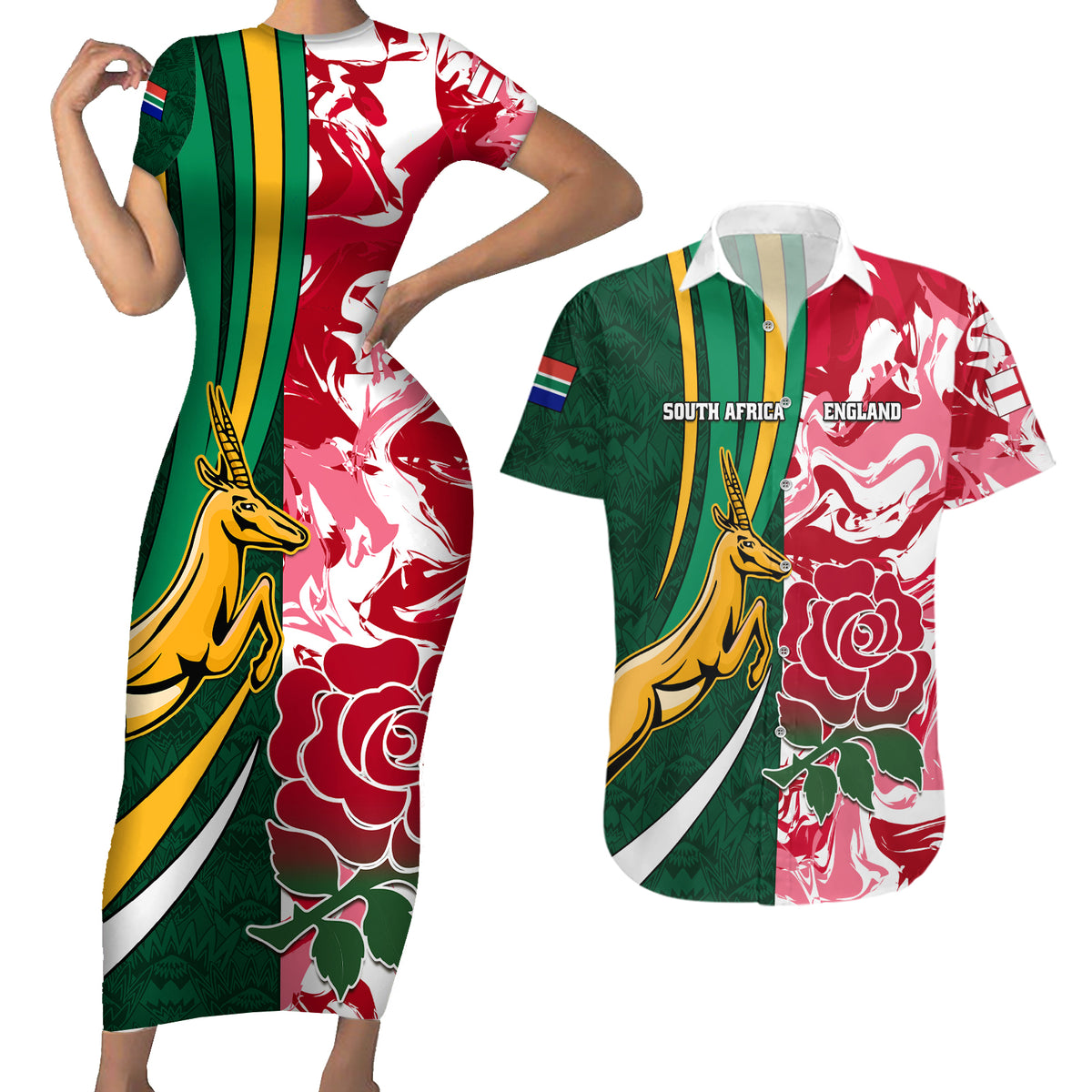Custom South Africa and England Rugby Couples Matching Short Sleeve Bodycon Dress and Hawaiian Shirt The Red Rose Protea Pattern - Wonder Print Shop