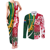 Custom South Africa and England Rugby Couples Matching Tank Maxi Dress and Long Sleeve Button Shirt The Red Rose Protea Pattern - Wonder Print Shop