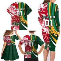 Custom South Africa and England Rugby Family Matching Long Sleeve Bodycon Dress and Hawaiian Shirt The Red Rose Protea Pattern - Wonder Print Shop