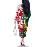 Custom South Africa and England Rugby Family Matching Off Shoulder Long Sleeve Dress and Hawaiian Shirt The Red Rose Protea Pattern - Wonder Print Shop