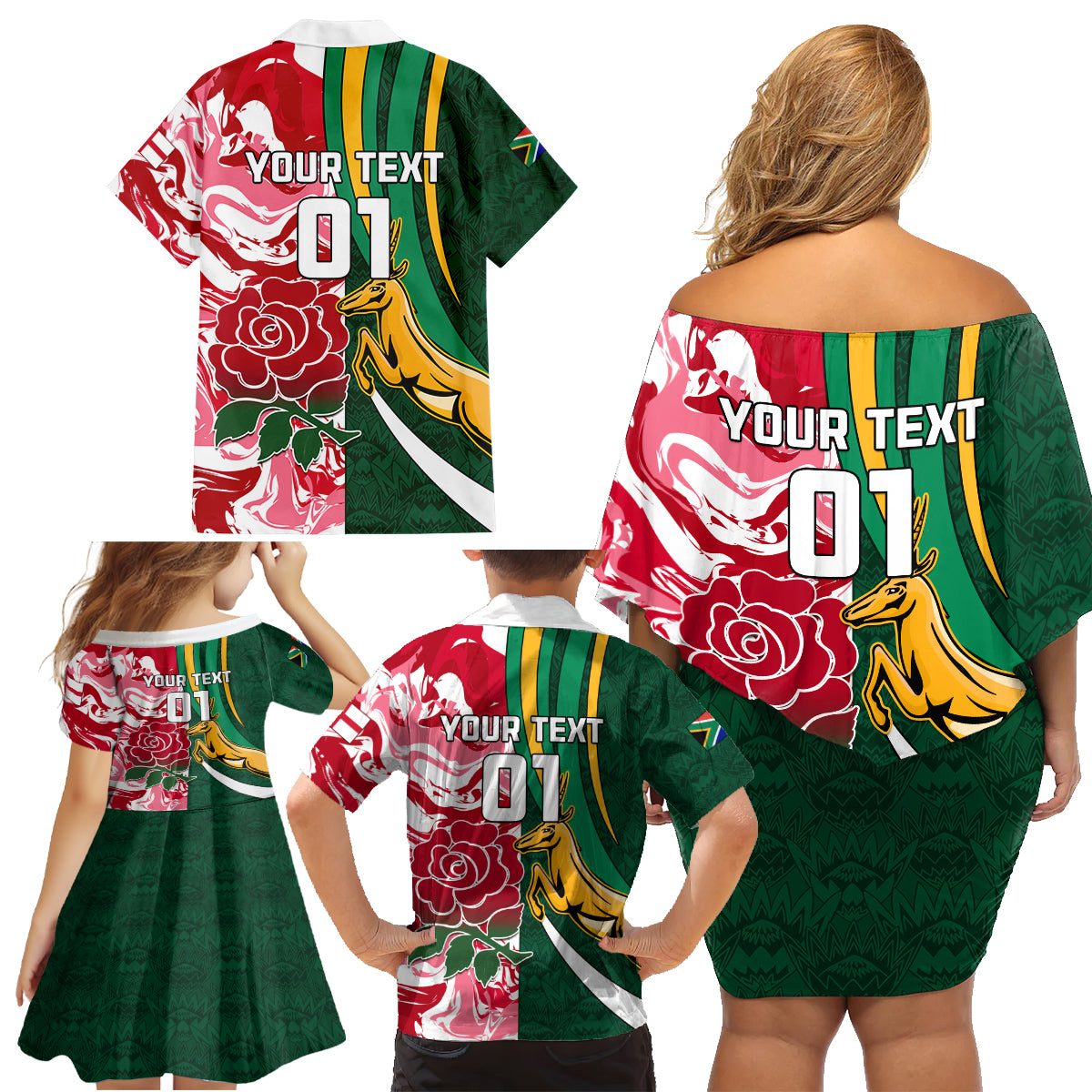 Custom South Africa and England Rugby Family Matching Off Shoulder Short Dress and Hawaiian Shirt The Red Rose Protea Pattern - Wonder Print Shop