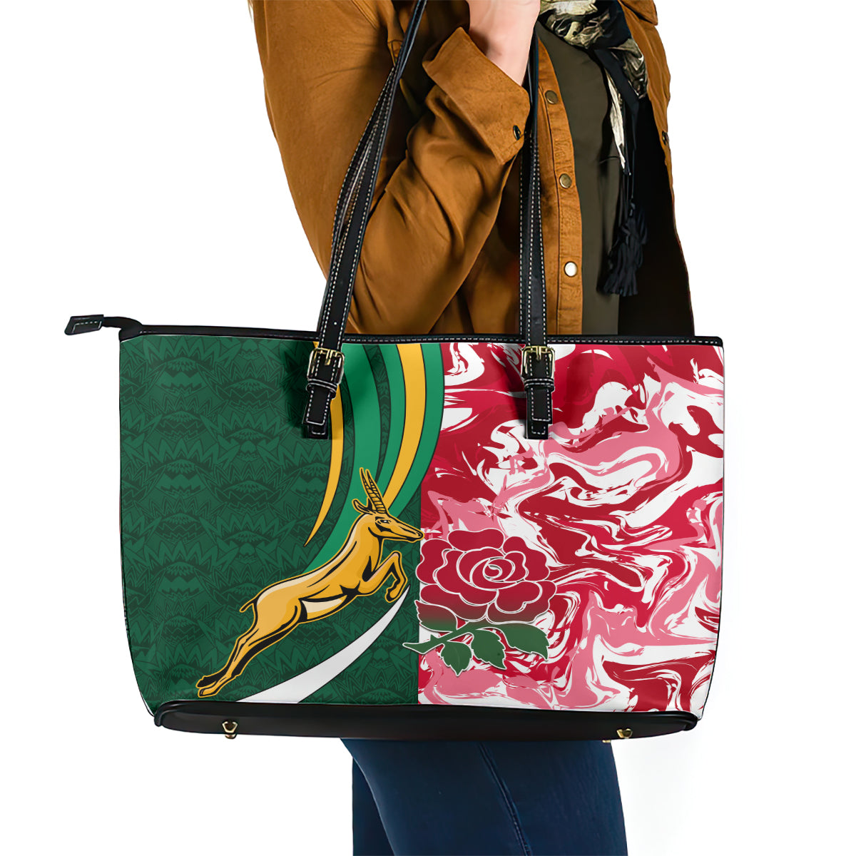 Custom South Africa and England Rugby Leather Tote Bag The Red Rose Protea Pattern - Wonder Print Shop