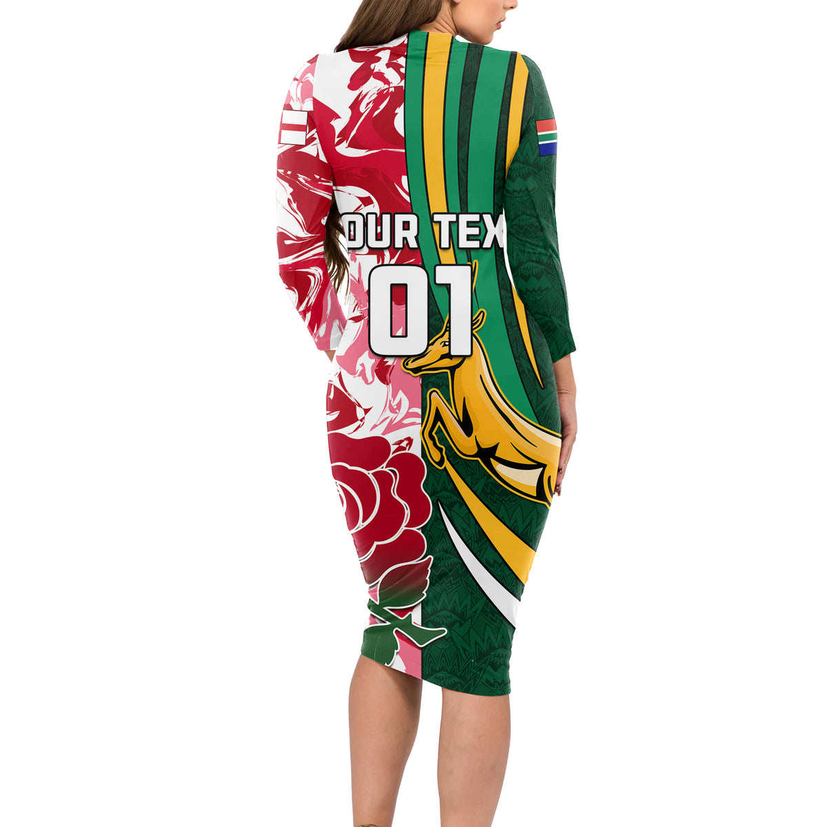 Custom South Africa and England Rugby Long Sleeve Bodycon Dress The Red Rose Protea Pattern - Wonder Print Shop