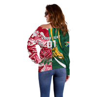 Custom South Africa and England Rugby Off Shoulder Sweater The Red Rose Protea Pattern - Wonder Print Shop
