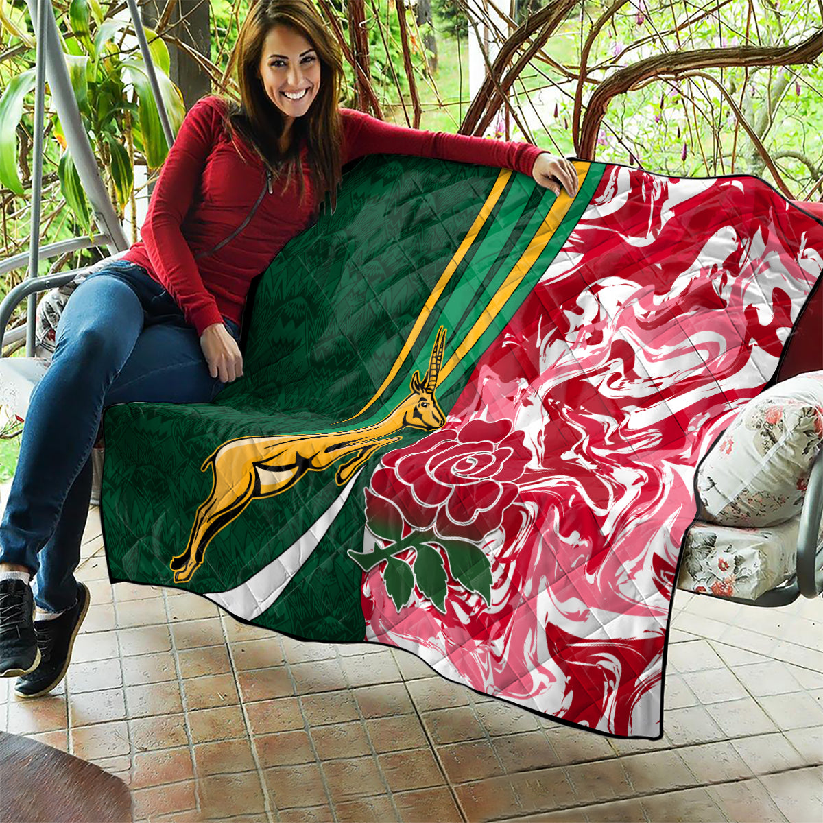 Custom South Africa and England Rugby Quilt The Red Rose Protea Pattern - Wonder Print Shop