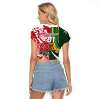 Custom South Africa and England Rugby Raglan Cropped T Shirt The Red Rose Protea Pattern - Wonder Print Shop