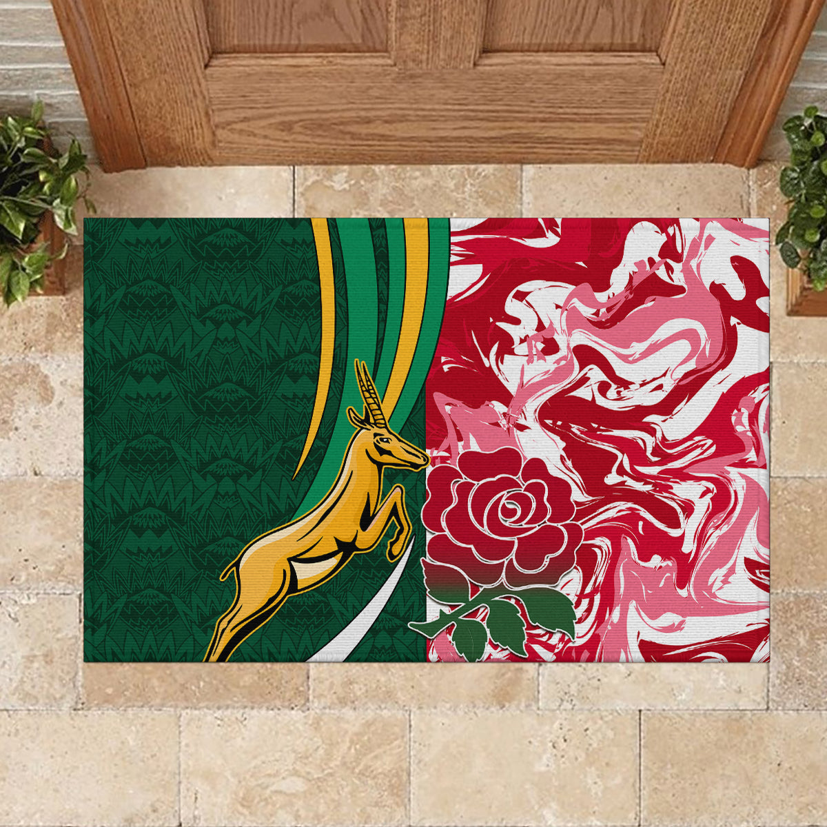 Custom South Africa and England Rugby Rubber Doormat The Red Rose Protea Pattern - Wonder Print Shop