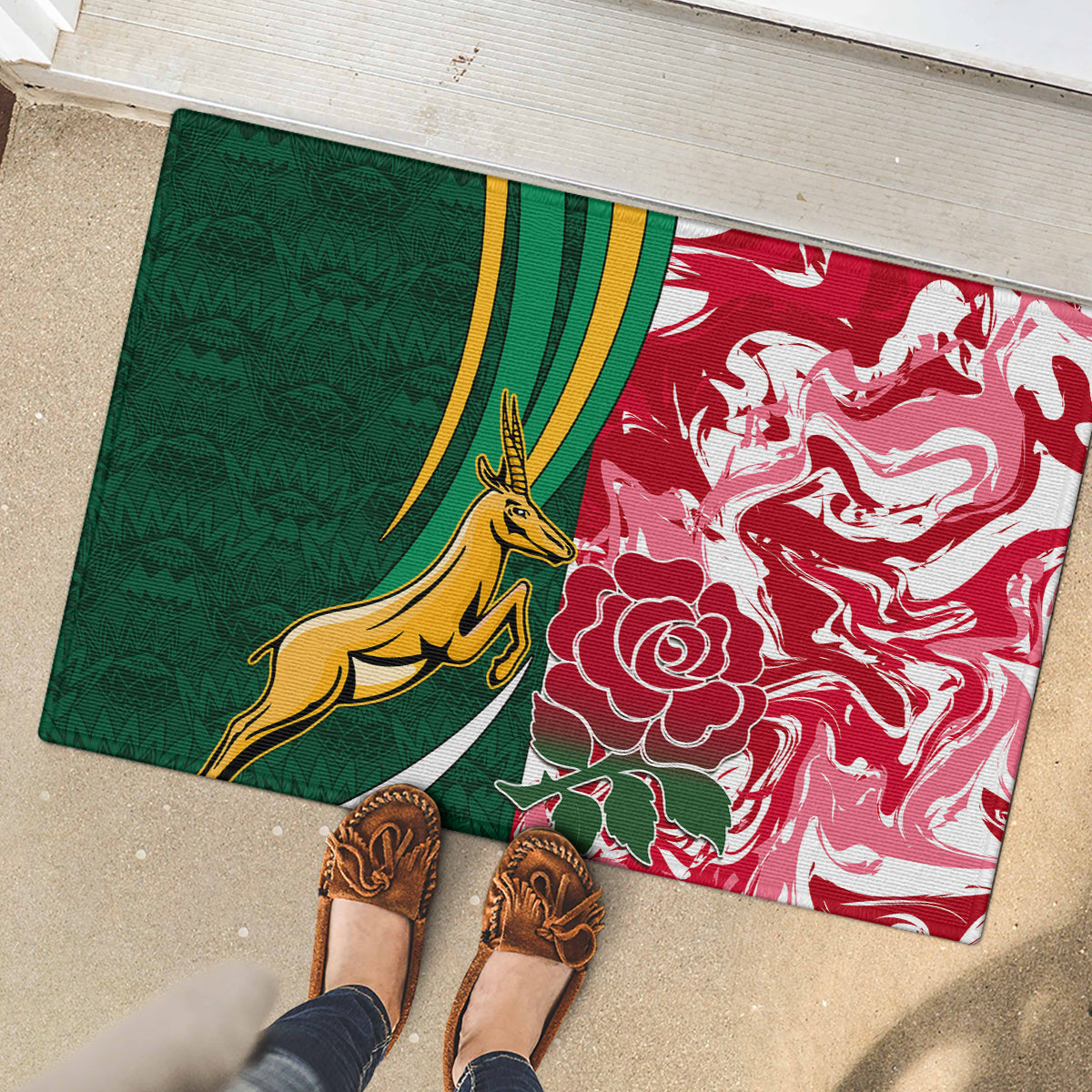 Custom South Africa and England Rugby Rubber Doormat The Red Rose Protea Pattern - Wonder Print Shop