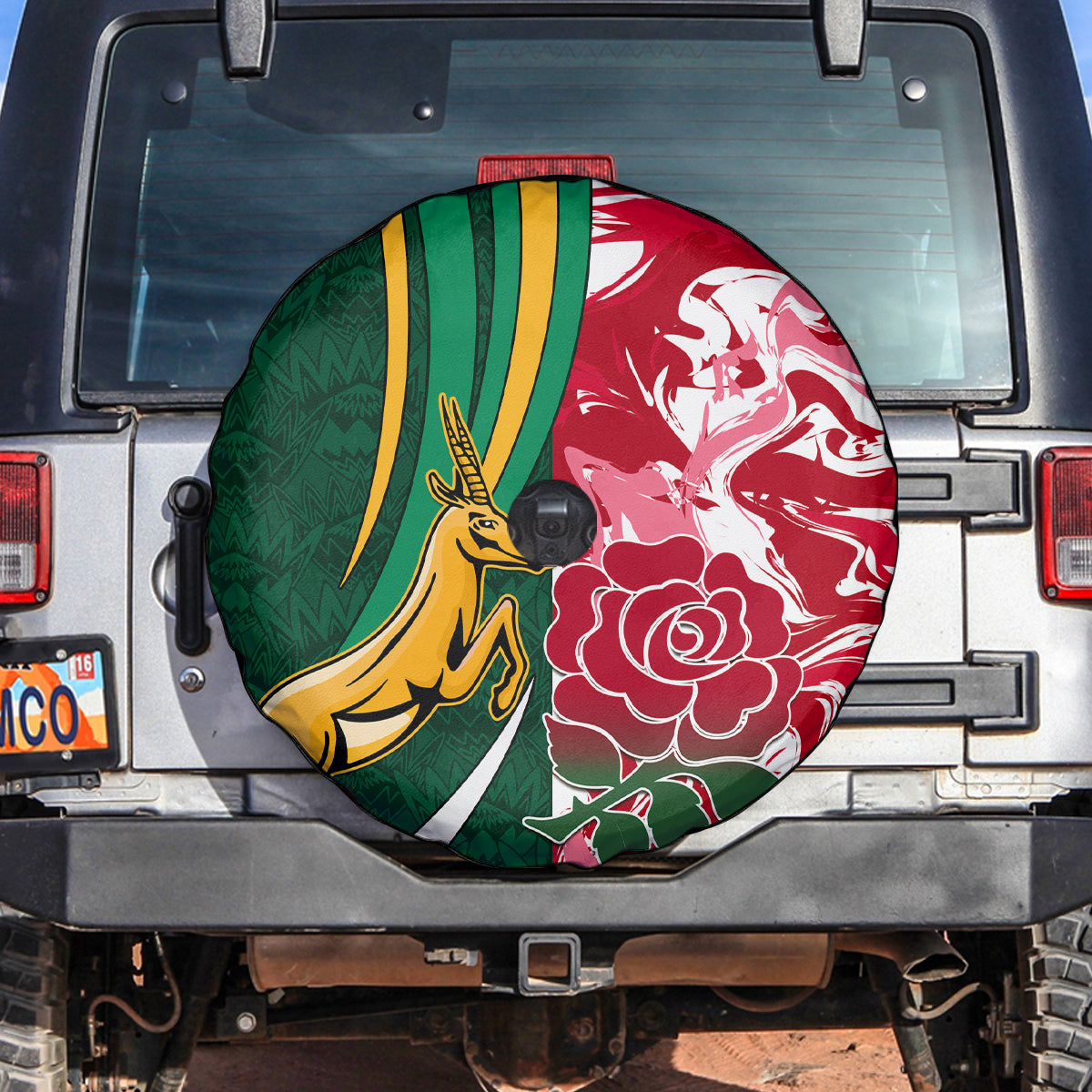 Custom South Africa and England Rugby Spare Tire Cover The Red Rose Protea Pattern - Wonder Print Shop