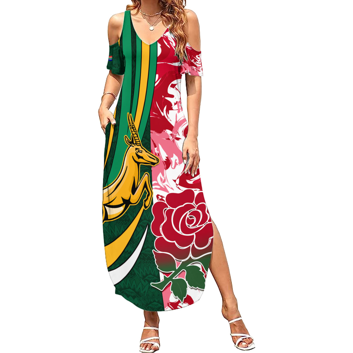 Custom South Africa and England Rugby Summer Maxi Dress The Red Rose Protea Pattern - Wonder Print Shop